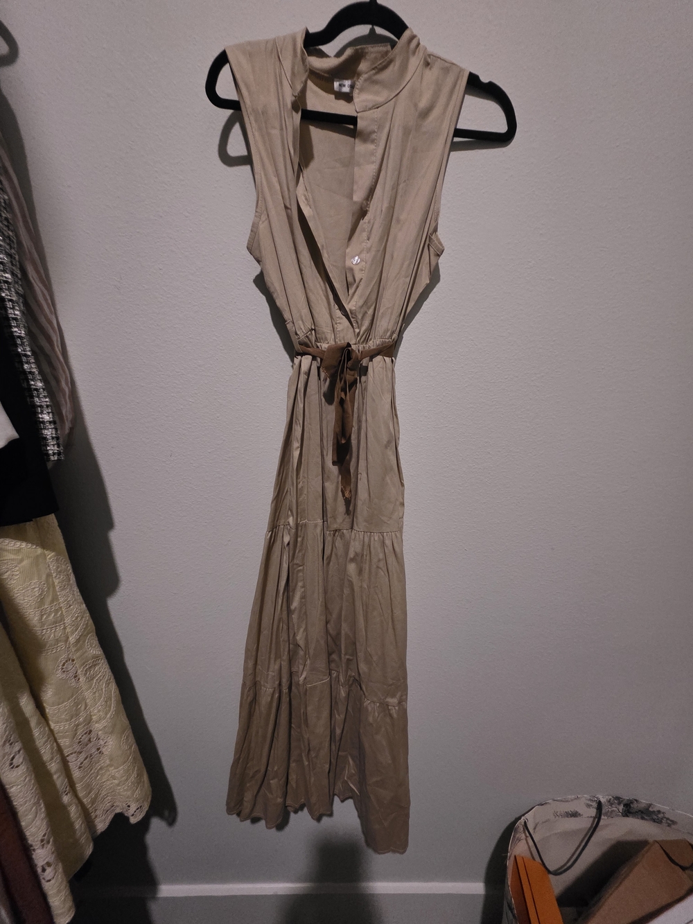 Sleeveless Taupe Maxi Dress with Waist Tie